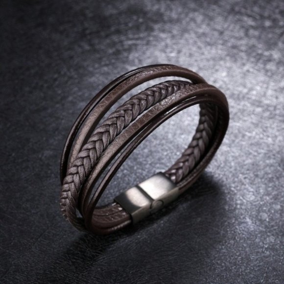 Men's Multi-Layer Leather Bracelet With Magnetic-Clasp (Brown) - Picture 2 of 5